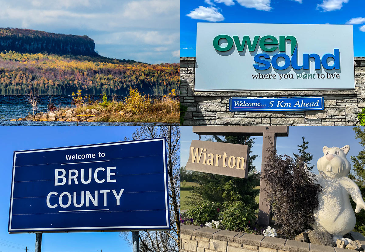 Welcome signs for Owen Sound, Bruce County and Wiarton