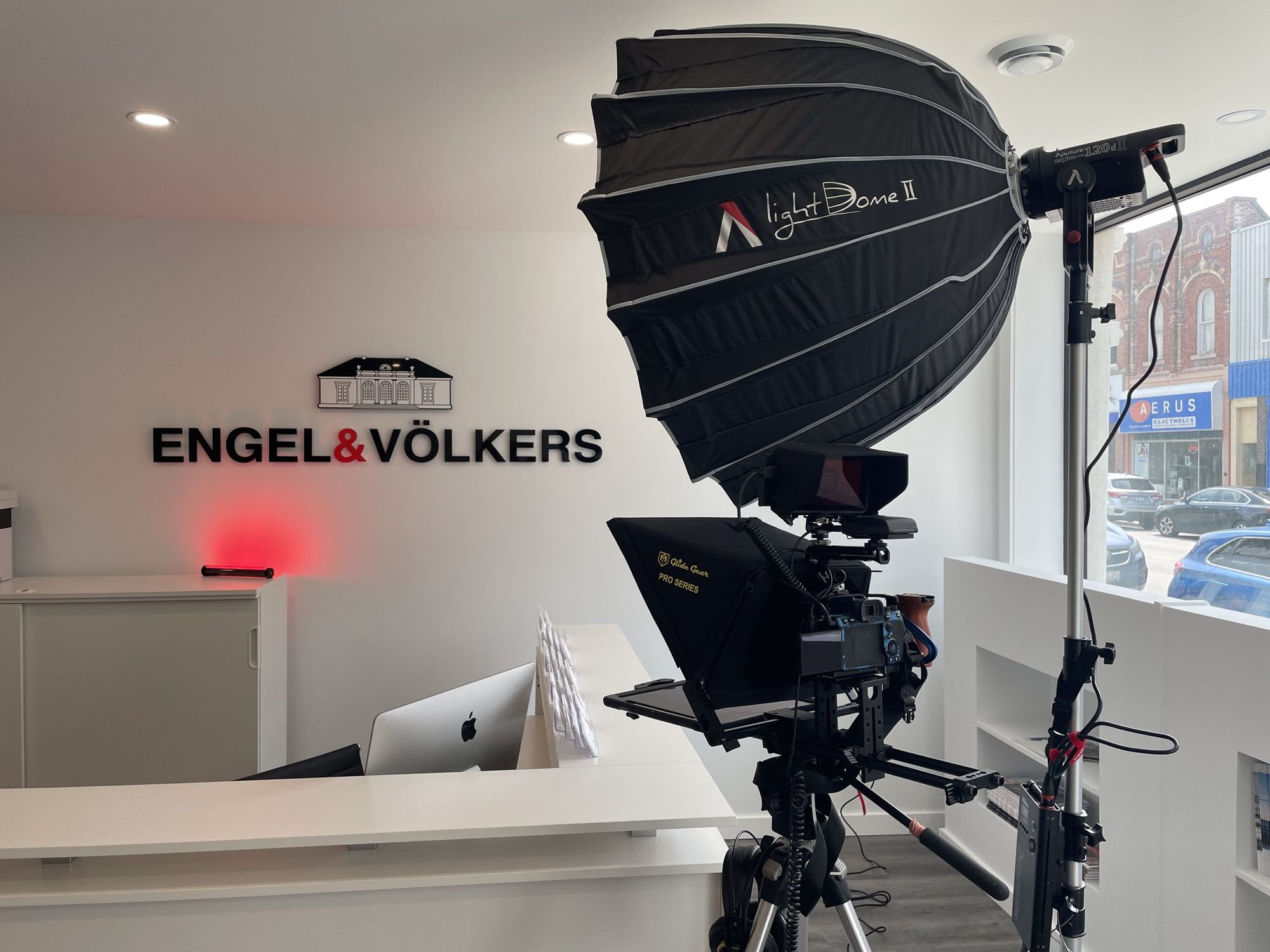 A video setup on location at a Grey-Bruce business